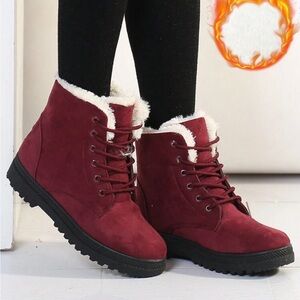 Burgundy Red Faux Fur Snow Winter Lace Up Boots